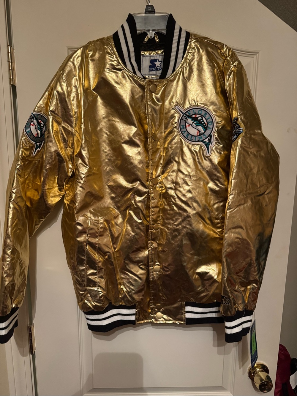 Starter Florida Marlins Satin Gold Bomber Jacket Mens Medium 03 World Series New